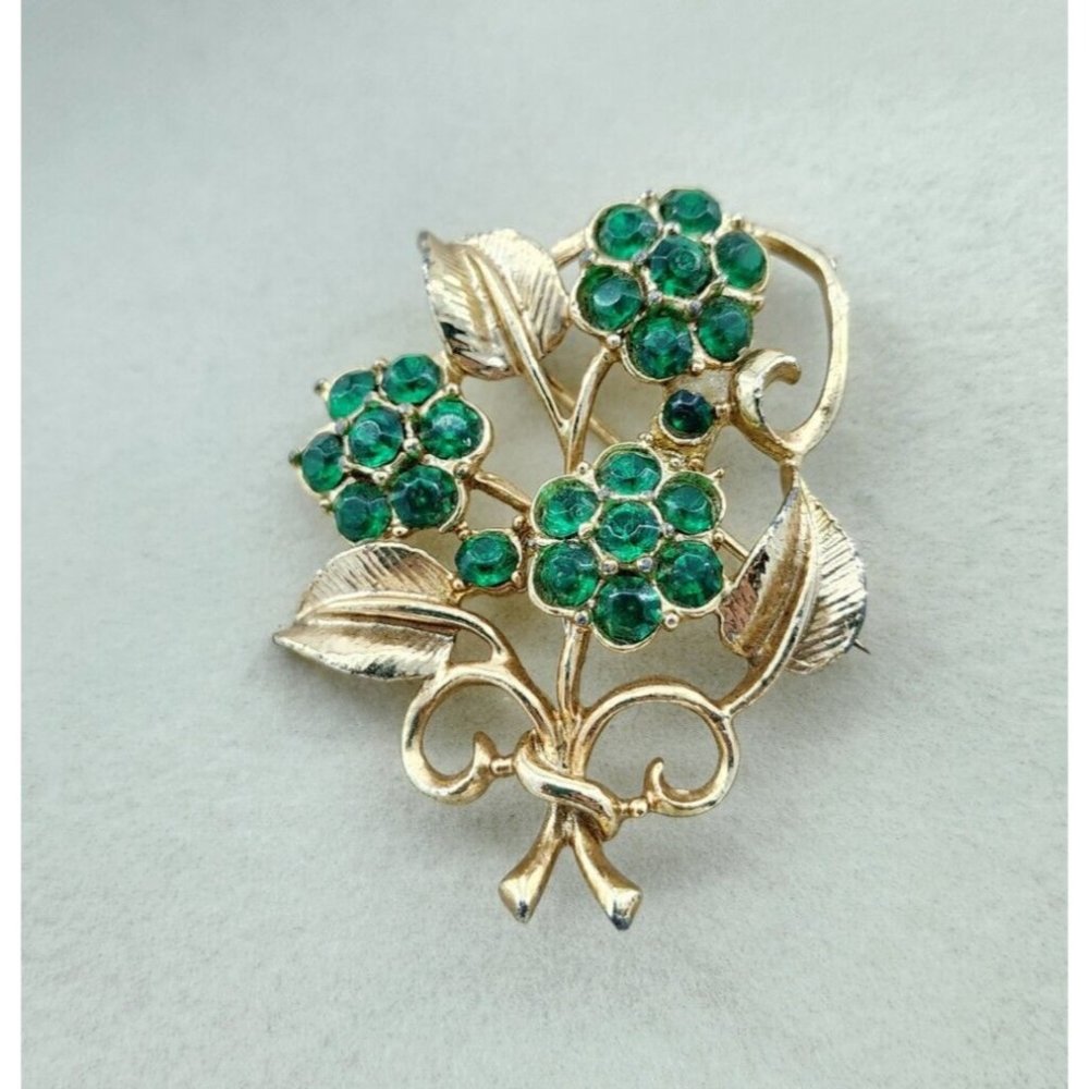 Vtg Unbranded Gold Tone Green Rhinestone Spray Brooch Flower‎ Bouquet Bundle